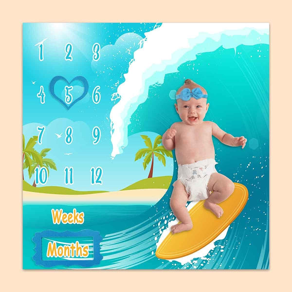 Baby Monthly Milestone Blanket, Sea Surfboard Waves, Newborns 1 to 12 Months with 4 Frames and 1 Headband
