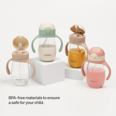 Set 8oz MOTHER-K Travel Baby Bottle Drying Rack (Cream Mocha) + Sippy Cup (Pink)