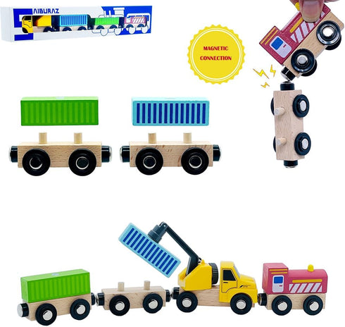 SAIBURAZ Sets 3+ Wooden Trains Cars with Crane Magnetic Train Toys for Wooden Train Tracks Train for Toddlers and Kids
