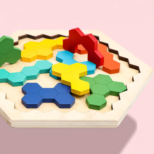 GEKELI 4 Pack Wooden Blocks Puzzles, Russian Blocks, Hexagon Puzzles, Tangrams Puzzles, Board Tic Tac Toe Game, Brain