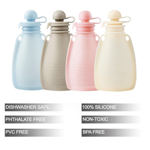 4 Pack 5 oz PandaEar Reusable Silicone Baby Food Pouches, Squeeze Pouches for Toddler Kids, BPA-Free Silicone