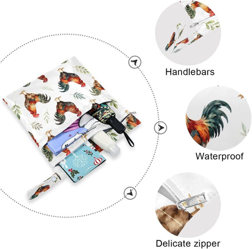 Haskirky 2 Watercolor Roosters Pcs Cloth Diaper Wet Dry Bags,Waterproof and Washable Bag for Travel Reusable Wet Bag