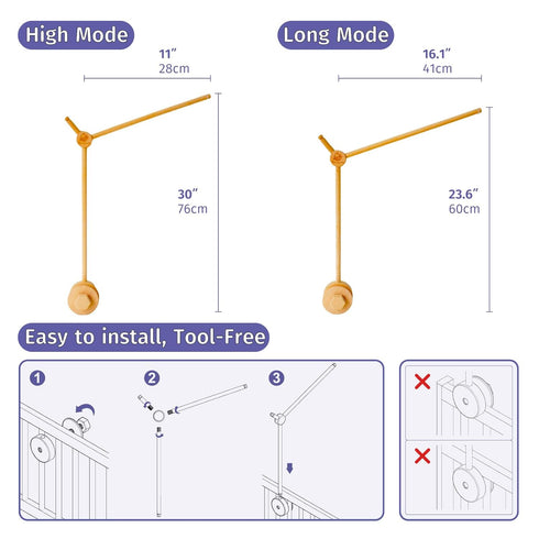 Wooden Baby Crib Mobile Arm, Beech Wood, Adjustable Mounting Bracket, Rotatable