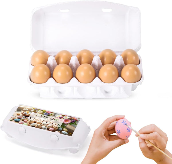 Fake Chicken Eggs, 10-Count Brown Wooden Artificial Eggs in Carton for Painting,