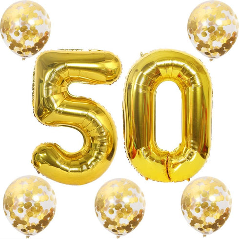Number 50 and Gold Confetti Balloons, 40 Inch Gold Number 50 Balloon with 5PCS 12 Inch Gold Confetti Balloons