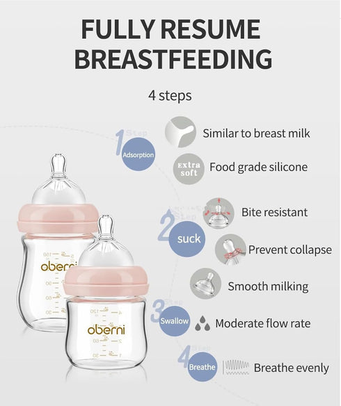0+ Blue/2Pack/5oz Glass Baby Bottles, Anti Colic Breastfeeding Bottle with Natural Response Nipple for Newborn Preemie
