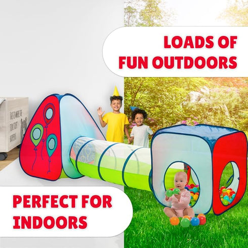 Kiddey Tunnel and Ball Pit Play Tent, 3pc Pop Up Toddler Gym Tunnels with Tents for Kids, Indoor Outdoor Gift