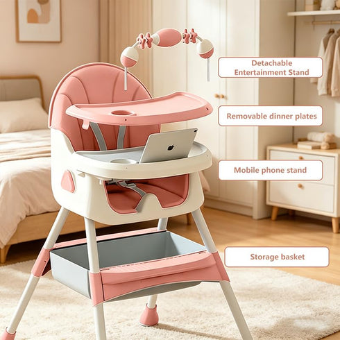 Virplik Portable Baby High Chair for Babies & Toddlers, Easy-Clean Multi-Use Feeding Chair with Lockable Wheels & Toy