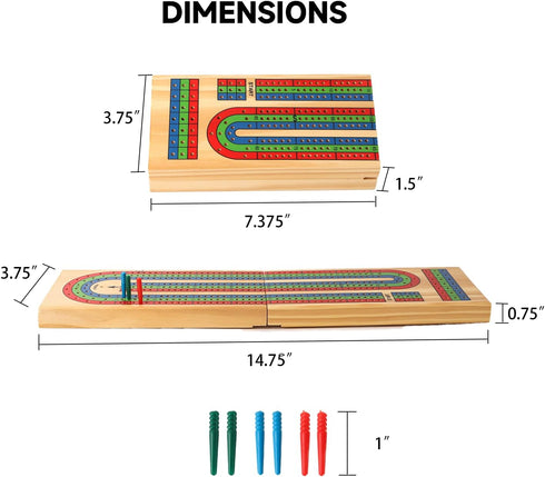 GSE Wooden Folding 3-Track Color Coded Travel Cribbage Board with 6 Plastic Pegs