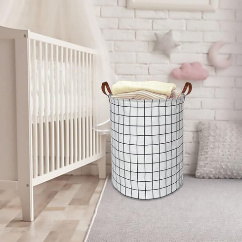 CLOCOR Collapsible Round Laundry Hamper - Large Storage Basket for Boys and Girls - White Check