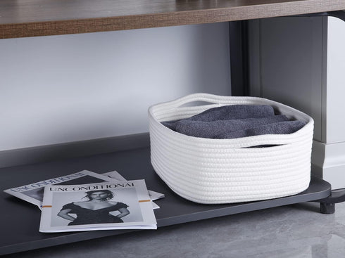 Woven Cotton Rope Storage Basket, White - Cube Organizer for Baby Nursery, Closet Towels, Small Dog Cat Toy Box