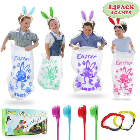 18PACK Easter Party Games for Kids, Potato Sack Race Bags, Bunny Ears, Egg and Spoon Race Games for Easter