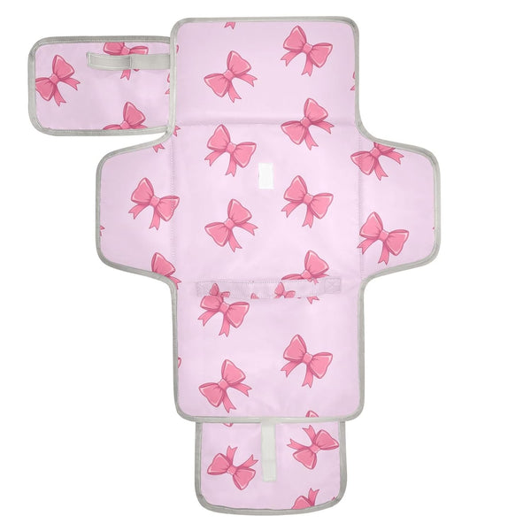 Jihqo Diaper Changing Pad Cute Bows Pink Portable Diaper Mat with Built-in Pillow