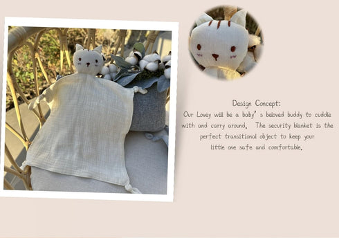 insular Lovey Blanket, Organic Cotton Muslin Security Blanket, Soft Breathable for Newborn, Beige Cat