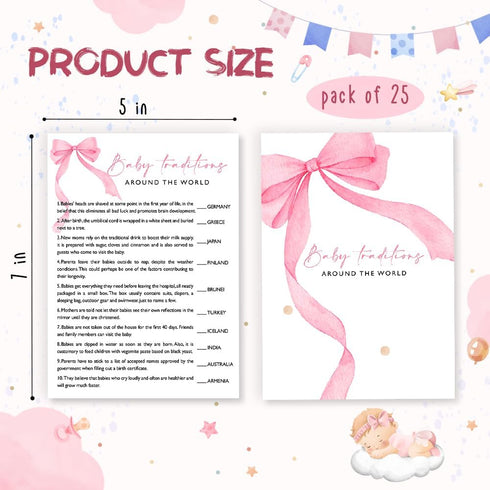 25 A06 Baby Traditions Around The World Shower Game, Ready-to-Play Pink Bow Cards with Answer Key, Fun & Educational