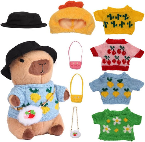 Cute Capybara Plush with 9 pcs Clothes & Accessories, Soft Capybara Stuffed