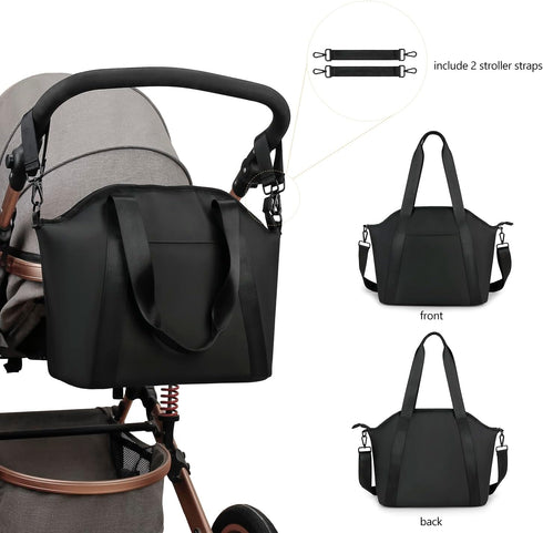 Stylish Black PU Diaper Bag Tote with Wet Bag & Stroller Hooks