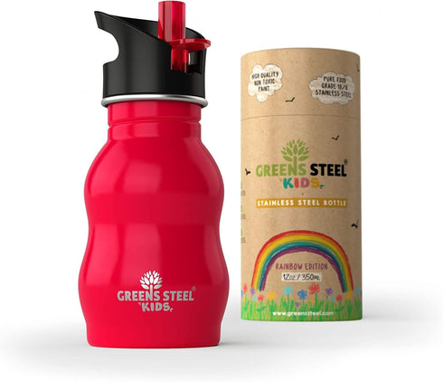Kids Water Bottle with Straw & Handle, 12 oz Red, Eco Friendly Toddler Cups, Leak Proof Lid
