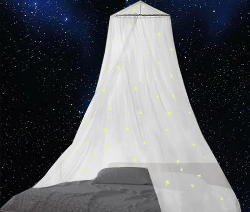 BCBYou Bed Canopy Mosquito Net with Fluorescent Stars for Baby, Kids, and Adults, White