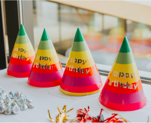 Rainbow Cone Party Hats for Kids & Adults - 12 Pack, 8 inch for Birthday Parties & Classroom Decorations