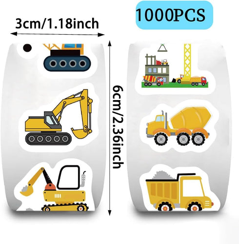 KOPTOP 1000PCS 2 10 Construction Vehicle Stickers Roll, Rolls Styles Self-Adhesive Stickers for Kids - Waterproof