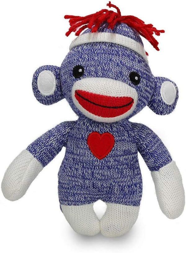 Plushland Adorable SOCK MONKEY, The Original traditional hand knitted stuffed animal Toy Gift-for kids, Babies, Teens, Girls and Boys Baby Doll Present Puppet 6 Inches (New Blue (I Miss You))