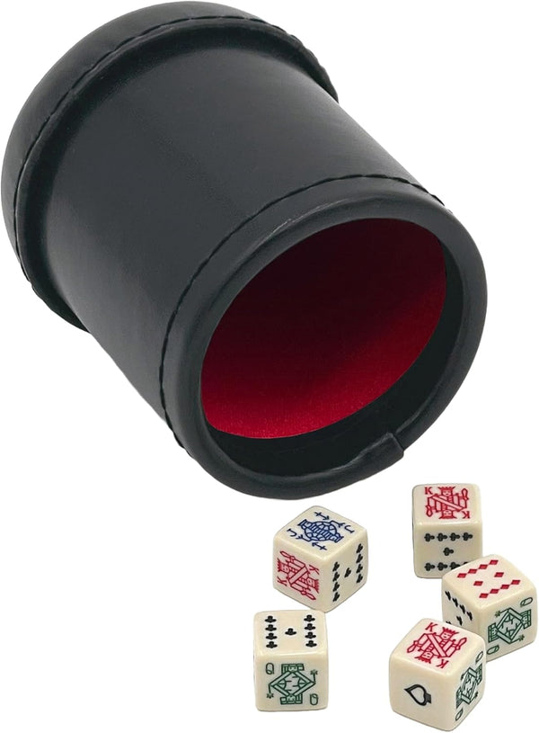 CHH SS-CQG-7815 Deluxe Leather Like Dice Cup, Black/Cream Color with 5 Poker Dice
