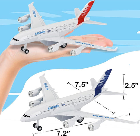 6 Pack: Commercial 7.2" A380 1:400 Diecast Airplane Toys, Big Model Airliners Planes with Lights and Sound - Pull Back