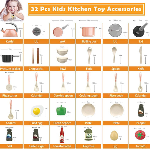 Bruvoalon 32Pcs Kids Play Kitchen Toys Set, Pretend Cooking Playset with Pots, Pans, Utensils, Foods