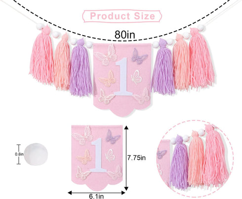 BASCT 1st Butterfly Birthday High Chair Banner - Fairy Pink and Purple Tassel, Spring Decoration for Girls (Highchair