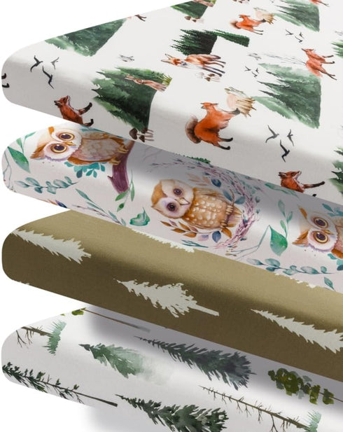 4 Pack N Play Sheets Woodland Forest Animals, Fitted Baby Sheets for Standard Pack and Plays and Mini Cribs
