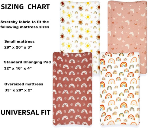 Jola's House 4 Pack Boho Nursery Sheets - Sunshine and Rainbow Design, Neutral Unisex Fitted Baby Changing Pad Cover