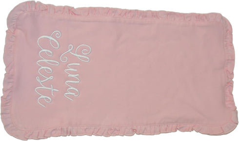set Personalized Baby Girl Pink Ruffle Bib and Burp Cloth with First and Middle Name in Script Font