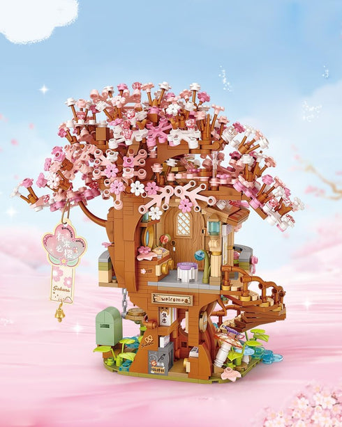 Set, 1149 (1381) Japanese Sakura Tree House Building Blocks Pink Cherry Tree Bonsai Creative Architecture, Home Decor