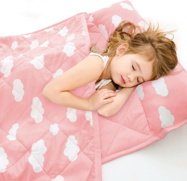 Toddler Nap Mat with Removable Pillow and Blanket, Lightweight Portable Sleeping Bag for Kids, Pink Cloud 52" x 23"