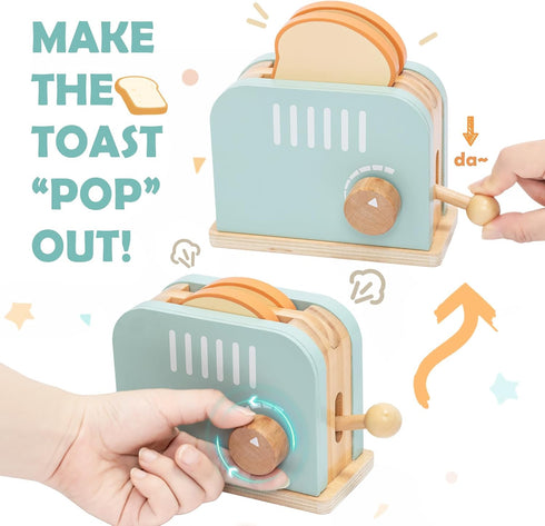 Set, 17PCS Playset, Wooden Pop up Toaster Play Kitchen Play Food Accessories for Toddlers Early Learning,Pretend Play