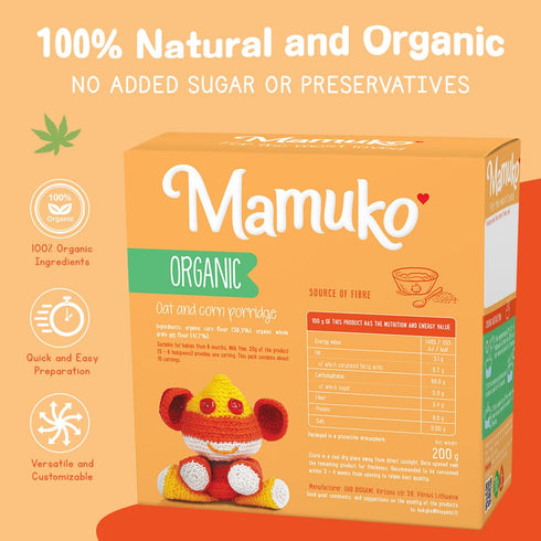MAMUKO (200g 10 Organic Oat & Corn Grits Porridge - High Fiber Porridge with No Added Sugar, Milk & Preservatives
