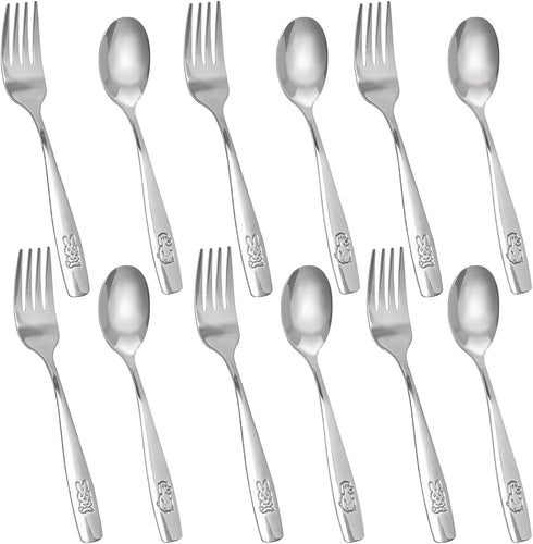 12PCS Safe Forks and Spoons for Kids, Toddler Silverware, Stainless Steel Tableware with Bunny and Puppy Motifs