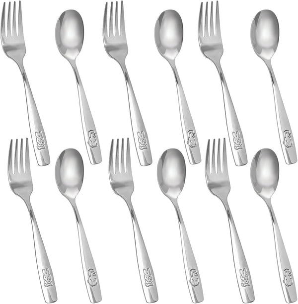 12PCS Safe Forks and Spoons for Kids, Toddler Silverware, Stainless Steel Tableware with Bunny and Puppy Motifs