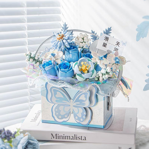 998 (1968) Mini Building Blocks Portable Flower Bouquet Gifts Box with Light, Blue Rose Creative Eternal Flower, Home