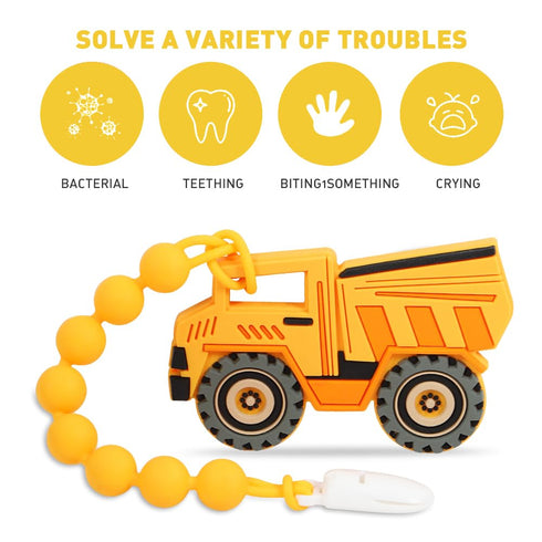 Baby Construction Vehicles Teething Toys, Food Grade Silicone Teether with Pacifier Clip (Dump Truck)