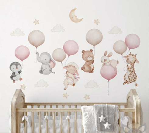 Generic Pink Balloons With Baby Animals Wall Decal - Cute Animal Sticker for