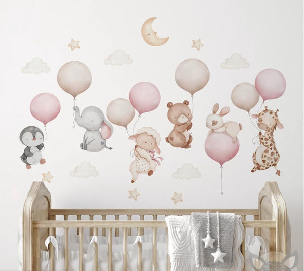 Generic Pink Balloons With Baby Animals Wall Decal - Cute Animal Sticker for