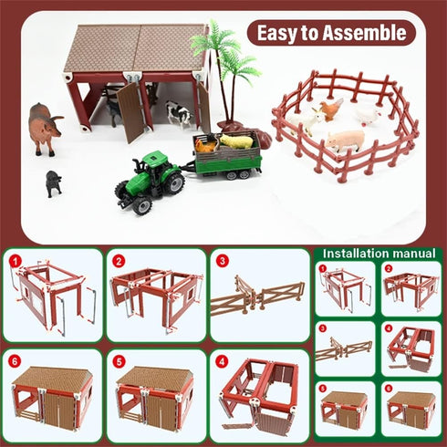 BOLZRA Mini Barn Farm Toys Playset, 66PCS Plastic Animals Figurines and Fence, Farmer Vehicle Toy Truck with Trailer