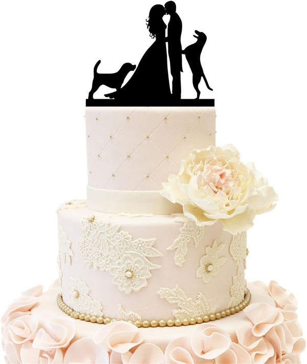 Wedding Anniversary Cake Topper Decoration, Couple Silhouette Bride Groom with 2 Dogs (Black)