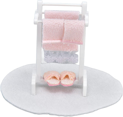 1:12 Miniature Bath Towel Rack with Rug Set - Dollhouse Bathroom Furniture Accessories for Realistic Decor