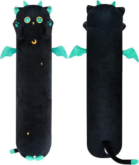 Long Cat Kawaii Body Pillow, 20” Cute Black Cat Plush Toy, Big Eyes Kitten Throw Pillow Gift