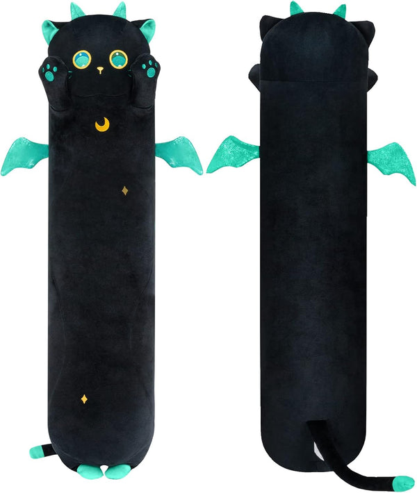Long Cat Kawaii Body Pillow, 20” Cute Black Cat Plush Toy, Big Eyes Kitten Throw Pillow Gift