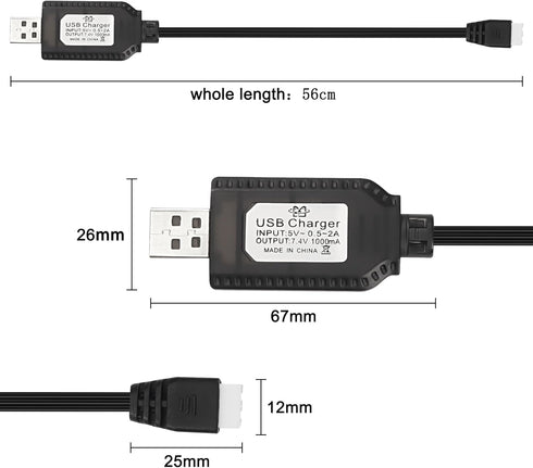 MEIRIYFA 7.4V 1A Lipo Battery USB Charger Cable, XH-3P 2S USB Connector Plug with LED Indicator Light for RC Car Rock