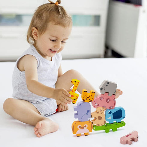 Montessori Toys for 2-4 Year Olds, 10pcs Wooden Animal Blocks Sorting & Stacking Educational Toys for Toddlers Gifts